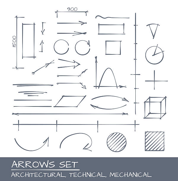 Arrows Hand Drawn Set Architectural, Techical and Engeneering Arrows. Hand Drawn Set doodle stock illustrations