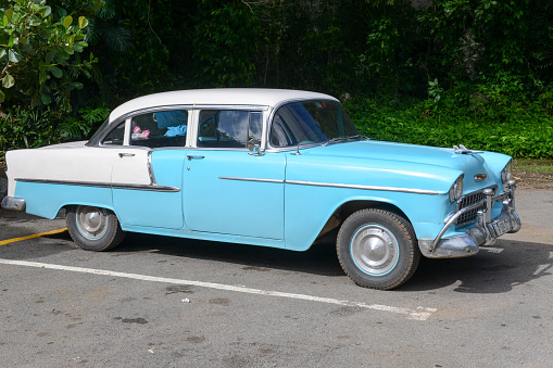 Vinales, Cuba - 24 january 2016: Vintage classic american car parked at Vinales on Cuba