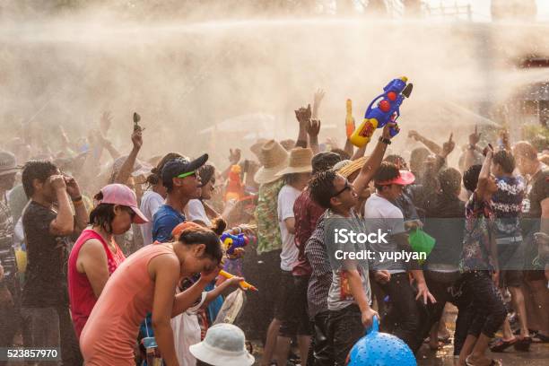 People Celebrate In Songkran Festival Day Stock Photo - Download Image Now - Buddhist New Year, Thailand, Heat - Temperature