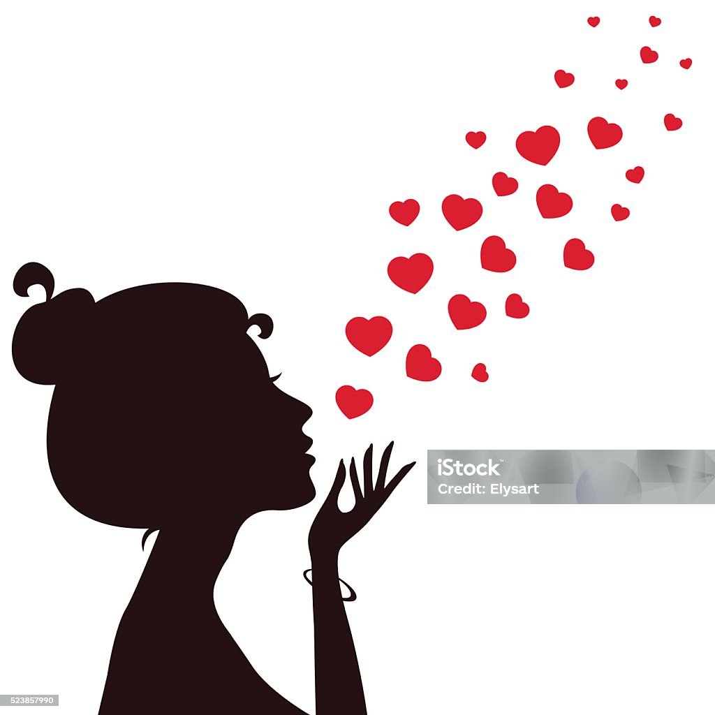 Blow Silhouette of a girl blowing hearts away. Vector illustration Blowing a Kiss stock vector