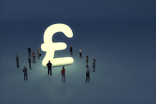 Group of people gathering around a glowing pound sterling symbol Group of people gathering around a glowing pound sterling symbol british currency stock pictures, royalty-free photos & images