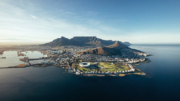 Aerial coastal view of Cape Town, South Africa Aerial coastal view of Cape Town. View of cape town city with table mountain, cape town harbour, lion's head and devil's peak, South Africa. cape town photos stock pictures, royalty-free photos & images