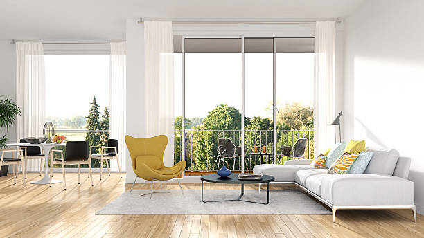 interni moderno - chair coffee table curtain floor foto e immagini stock