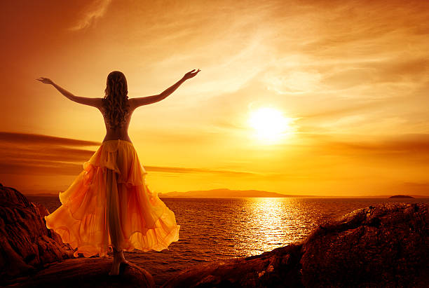 Calm Woman Meditating on Sunset Beach, Girl Relax in Open Arms Pose