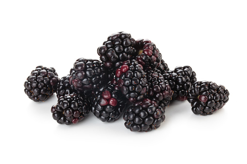 Closeup shot of fresh blackberries. Isolated on white background.