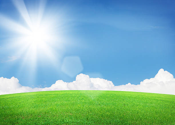Green grass field and blue sky with clouds and bright sun