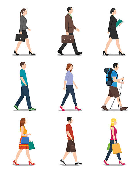 ilustrações, clipart, desenhos animados e ícones de vista lateral de homens e mulheres caminhando - striding