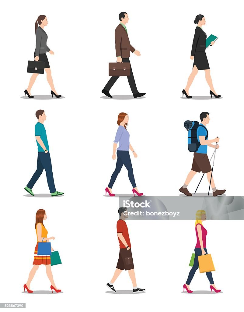 Side View of Men and Women Walking People walking illustration. No gradients used. High resolution JPG, PNG (transparent background) and AI files are included. Walking stock vector