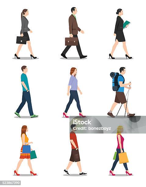 Side View Of Men And Women Walking Stock Illustration - Download Image Now - Walking, People, Hiking