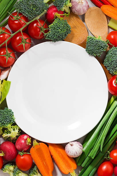 istock background white plate and organic vegetables, vertical top view 523867556
