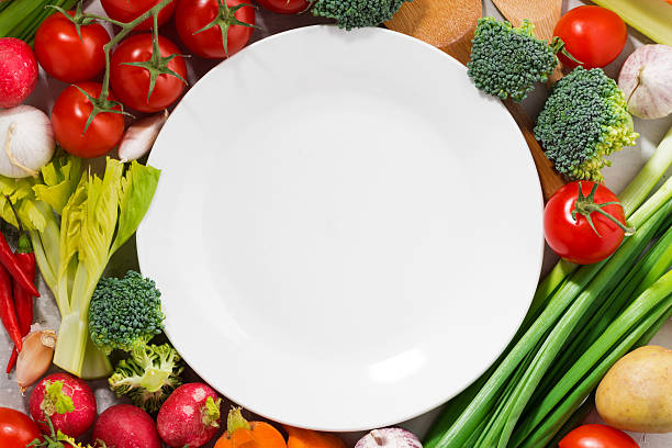 istock background white plate and organic vegetables, top view 523867786