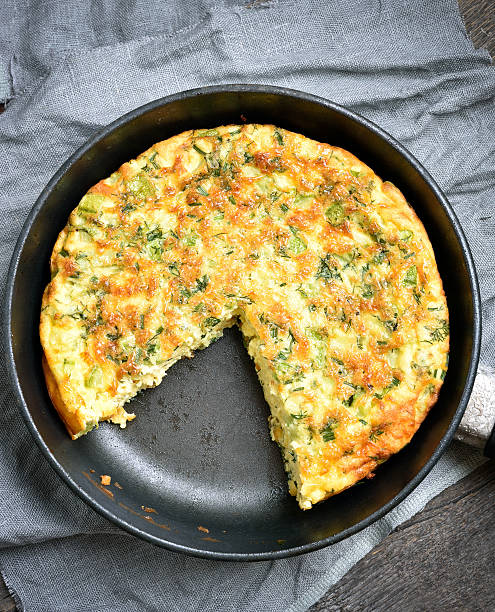 istock Omelet in frying pan, top view 523868360