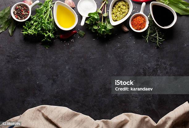 Herbs Condiments And Spices Stock Photo - Download Image Now - High Angle View, Above, Backgrounds