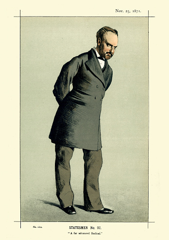 Victorian caricature of Sir Charles Wentworth Dilke, 2nd Baronet, an English Liberal and Radical politician.  . By James Tissot. Vanity Fair 1871