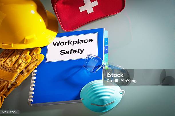 Workplace Safety Manual With Safety Equipment Stock Photo - Download Image Now - Occupational Safety And Health, Office, Safety Equipment