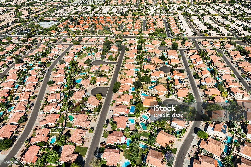 Scottsdale Phoenix Arizona suburban housing development neighborhood - aerial view residential area aerial near Phoenix Arizona, Scottsdale Ranch area Phoenix - Arizona Stock Photo