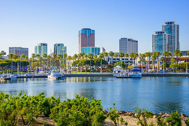 Long Beach California skyline and ShoreLine Aquatic Park Long Beach California ShoreLine Aquatic Park, waterfront and skyline long beach california photos stock pictures, royalty-free photos & images