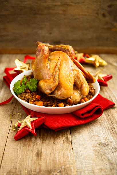 Christmas bird Christmas bird on white plate with bacon and lentils guinea fowl stock pictures, royalty-free photos & images