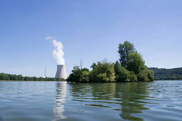 water tower of a nuclear power plant from the Isar river