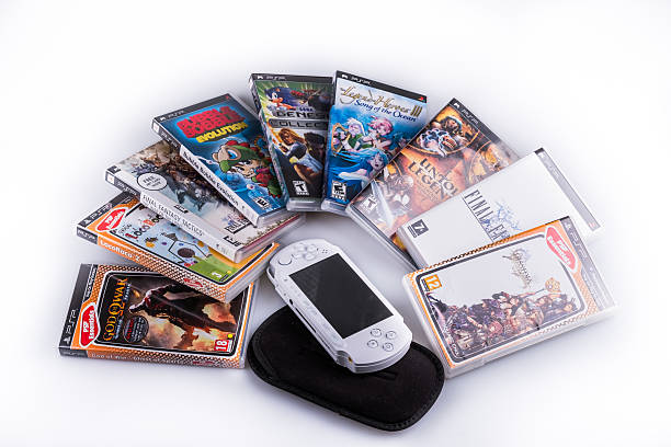 Playstation Portable with games stock photo