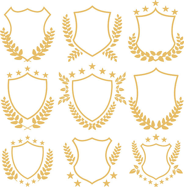 ilustraciones, imágenes clip art, dibujos animados e iconos de stock de conjunto de placas de oro y insignias. protectores de oro y de laurel coronas de - laurel wreath bay tree wreath gold