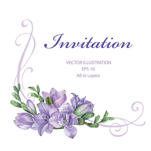 рамки для приглашение на свадьбу с фиолетовыми цветами фрезия. - botany illustration and painting single flower image stock illustrations