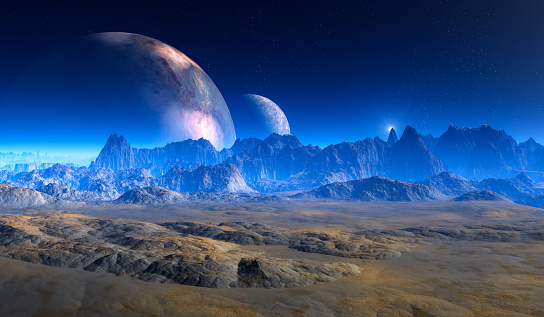 3D landscape. Two huge moons in a dark blue sky over a rocky desert surface. Mountains in the background.