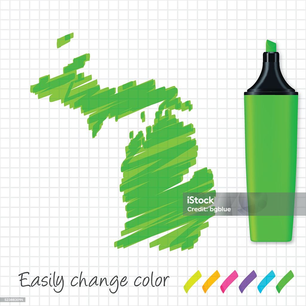 Michigan map hand drawn on grid paper, green highlighter Map of Michigan drawn with green highlighter, isolated on a squared paper sheet. Easily change color : yellow, orange, pink, purple, blue, green. Michigan stock vector