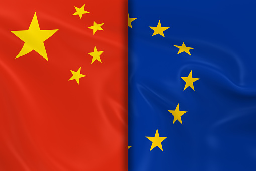 Flags of China and the European Union Split Down the Middle - 3D Render of the Chinese Flag and EU Flag with Silky Texture
