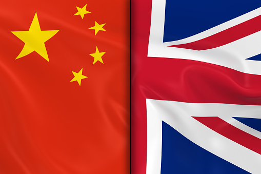 Flags of China and the United Kingdom Split Down the Middle - 3D Render of the Chinese Flag and UK Flag with Silky Texture