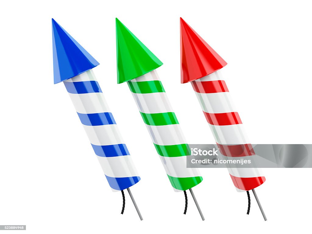 3d fireworks rockets 3d renderer image. Fireworks rockets. Isolated white background. Anniversary Stock Photo