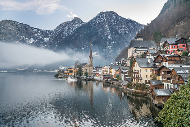 istock Town Hallstatt on a misty Winter Day 523885328