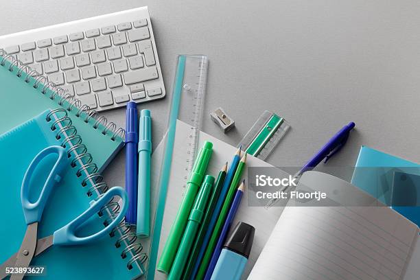 Office Desktop With Office Supplies Stock Photo - Download Image Now - Office Supply, Ballpoint Pen, Blue