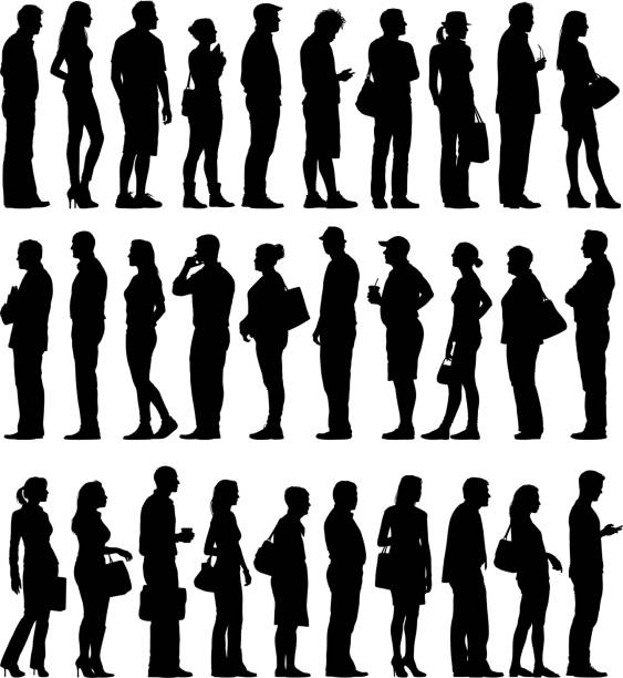 ilustrações de stock, clip art, desenhos animados e ícones de grande grupo de pessoas silhuetas de esperar na fila - people in a row people business isolated