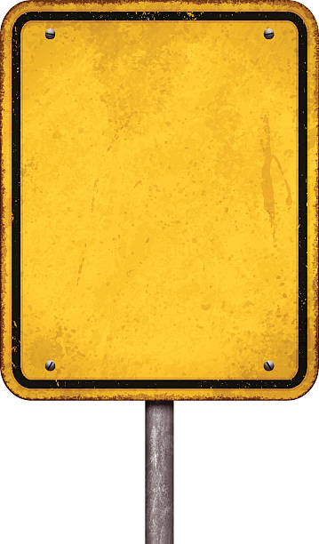 Grunge blank yellow sign with black border_vector Old and rusty yellow sign with copy space. Grunge rectangular road sign with rusty stains and wooden post. This traffic sign has a yellow background and a thin distressed black line. Photorealistic vector illustration isolated on white. Layered EPS10 file with transparencies and global colors. Individual elements and textures. Related images linked below. road sign stock illustrations