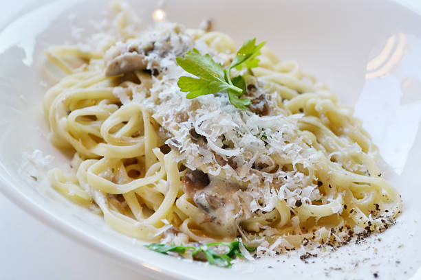 istock Big plate with pasta spaghetti with mushrooms and artichokes 523899771