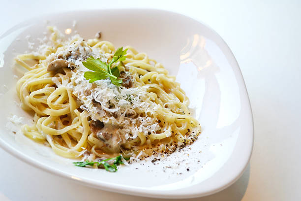 istock Big plate with pasta spaghetti with mushrooms and artichokes 523899775