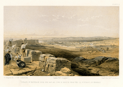 Vintage engraving showing a scene from the Crimean War 1853 to 1856, a conflict in which Russia lost to an alliance of France, Britain, the Ottoman Empire, and Sardinia. Straits of Yenikale with the Bay and town of Kertch from the old fortress of Yenikale.
