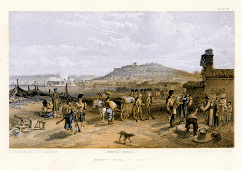 Vintage engraving showing a scene from the Crimean War 1853 to 1856, a conflict in which Russia lost to an alliance of France, Britain, the Ottoman Empire, and Sardinia. Kertch from the North with groups of British and French soliders in the foreground.