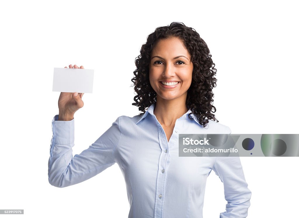 Businesswoman showing business card Businesswoman showing empty business card and smiling isolated over white Greeting Card Stock Photo