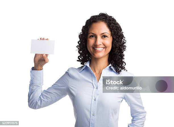 Businesswoman Showing Business Card Stock Photo - Download Image Now - Greeting Card, Holding, Women
