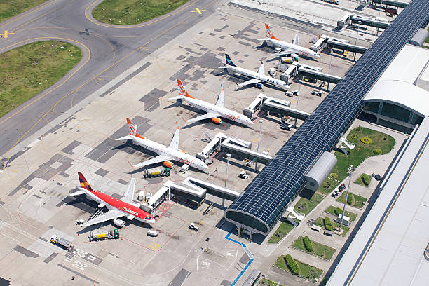 Santos Dumont airport Rio de Janeiro, Brazil - December 28, 2013: Santos Dumont airport at the shore of Guanabara Bay, domestic airport of Rio aerial view. airport aerial view stock pictures, royalty-free photos & images