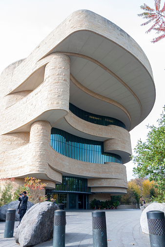 Washington, D.C., USA - November 3, 2014: the entrance to the National Museum of the American Indian, part of Smithsonian Institution, opened in September 2004, holding the artefacts pf the native American Indians.