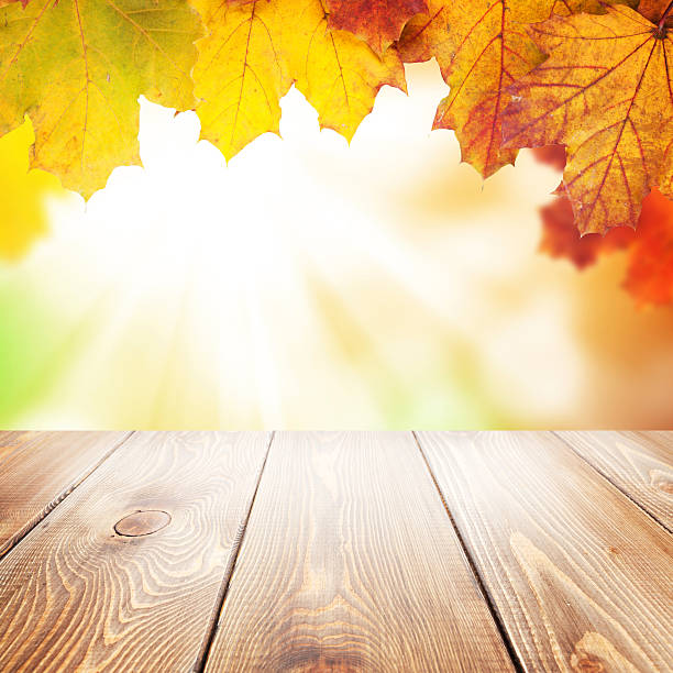 istock Autumn nature background with maple leaves, wooden table 523921625