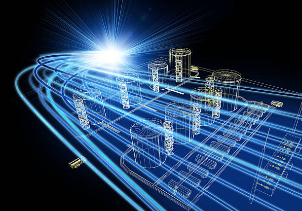istock Wire-frame industrial tanks with light on dark background 523922801