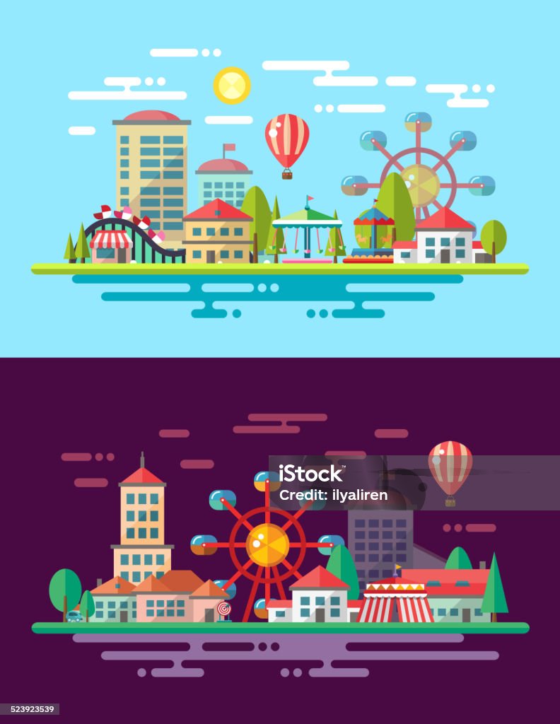 Modern flat design conceptual city illustration with carousels Modern vector flat design conceptual city illustration with carousels Amusement Park stock vector