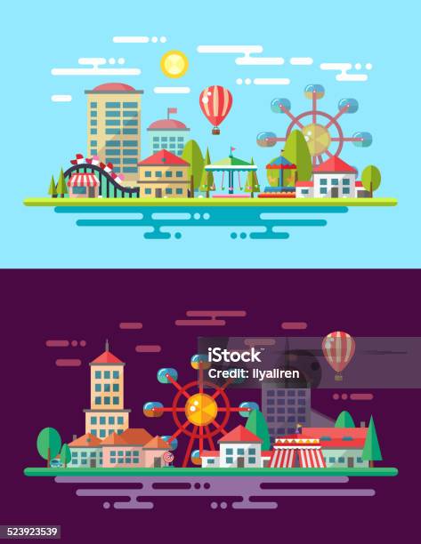 Modern Flat Design Conceptual City Illustration With Carousels Stock Illustration - Download Image Now