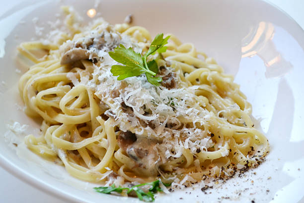 istock Big plate with pasta spaghetti with mushrooms and artichokes 523944891