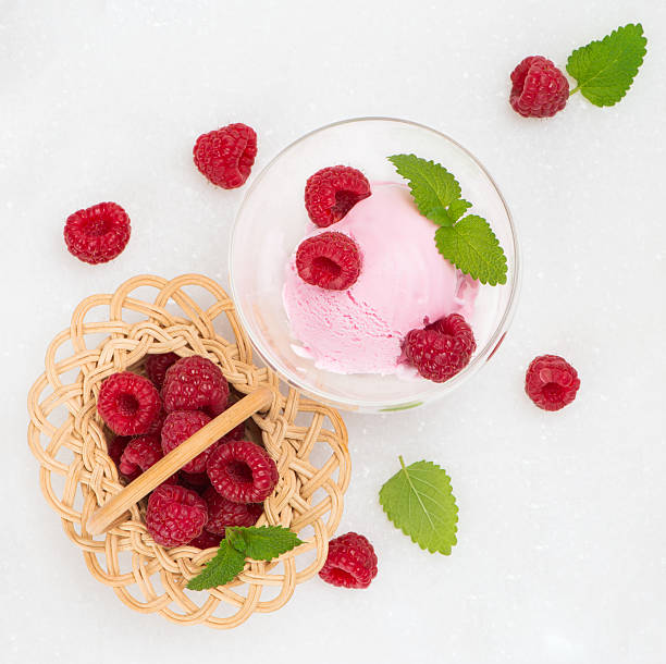 istock Scoop of berry ice cream with fresh raspberries 523945105