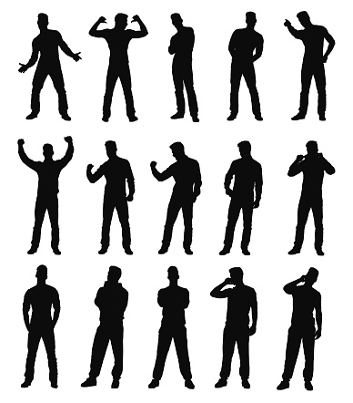 Set collection of various different man silhouettes in different poses. Easy editable layered vector illustration.